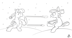 Size: 1280x685 | Tagged: safe, artist:feralroku, imported from derpibooru, apple bloom, lily longsocks, eyes closed, missing cutie mark, sketch, snow, snowball, snowball fight