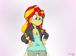 Size: 1631x1200 | Tagged: safe, artist:mildockart, imported from derpibooru, sunset shimmer, equestria girls, breasts, clothes, female, heroic, pants, solo