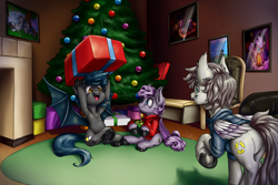 Size: 3600x2400 | Tagged: safe, artist:aphexangel, imported from derpibooru, oc, oc only, oc:nuke, oc:sirocca, oc:speck, bat pony, pegasus, pony, christmas, christmas tree, female, husband and wife, male, married couple, married couples doing married things, present, speke, spread wings, tree, ugly christmas sweater, underhoof, unshorn fetlocks