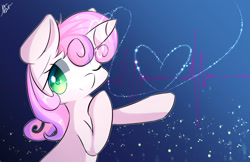 Size: 1964x1271 | Tagged: safe, artist:kawaiipony2, imported from derpibooru, sweetie belle, abstract background, bust, colored pupils, cute, female, heart, looking at you, one eye closed, raised hoof, signature, smiling, solo, wink