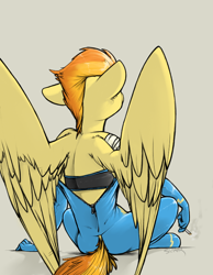 Size: 644x829 | Tagged: safe, artist:sinrar, imported from derpibooru, spitfire, anthro, unguligrade anthro, bandage, cigarette, clothes, female, latex, smoking, solo, sports bra, spread wings, stupid sexy spitfire, unzipped, wonderbolts uniform