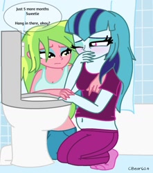 Size: 1234x1397 | Tagged: safe, artist:cbear624, imported from derpibooru, lemon zest, sonata dusk, equestria girls, female, lemonata, lesbian, magical lesbian spawn, morning sickness, offspring, pregnant, shipping, toilet