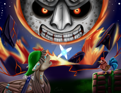 Size: 1024x792 | Tagged: safe, artist:crecious, imported from derpibooru, oc, oc only, fairy, pegasus, pony, body markings, crossover, master sword, moon, rooster, scary, termina's moon, the legend of zelda, the legend of zelda: majora's mask, watermark