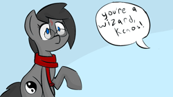 Size: 854x480 | Tagged: safe, artist:provolonepone, derpibooru exclusive, imported from derpibooru, oc, oc only, oc:kenos, earth pony, pony, clothes, glasses, harry potter, harry potter (series), my little pony, reference, scarf, solo, surprised, wizard