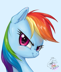 Size: 2480x2917 | Tagged: safe, artist:ogre, imported from derpibooru, rainbow dash, blue background, blushing, bust, confident, cute, dashabetes, determined, ear fluff, female, looking at you, nose wrinkle, pixiv, portrait, simple background, smiling, solo