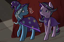 Size: 1280x853 | Tagged: safe, artist:doodledonut, imported from derpibooru, starlight glimmer, trixie, pony, unicorn, bae, cape, clothes, cute, dialogue, diatrixes, duo, female, flirting, glimmerbetes, heart, horn, lesbian, lidded eyes, looking at each other, mare, shipping, smiling, startrix, trixie's cape, trixie's hat, tsundere