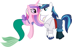 Size: 1501x991 | Tagged: safe, artist:cloudy glow, artist:cloudyglow, imported from derpibooru, princess cadance, shining armor, mermaid, merpony, seahorse, ariel, clothes, clothes swap, cosplay, costume, crossover, disney, looking at each other, male, pants, prince eric, shiningcadance, shipping, shirt, simple background, smiling, straight, the little mermaid, transparent background, vector