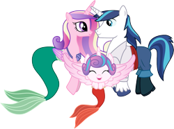 Size: 1501x1114 | Tagged: safe, artist:cloudy glow, artist:cloudyglow, imported from derpibooru, princess cadance, princess flurry heart, shining armor, mermaid, merpony, seahorse, ariel, clothes, clothes swap, cosplay, costume, crossover, disney, eyes closed, family, looking at each other, male, pants, prince eric, princess melody, shiningcadance, shipping, shirt, simple background, smiling, straight, the little mermaid, transparent background, vector