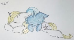 Size: 861x465 | Tagged: safe, artist:creeperzapminecraft, imported from derpibooru, prince blueblood, trixie, pony, unicorn, bluetrix, cuddling, female, male, mare, pony pillow, shipping, sleeping, snuggling, straight, traditional art