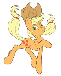 Size: 1024x1275 | Tagged: safe, artist:neoncel, imported from derpibooru, applejack, pony, cowboy hat, female, freckles, green eyes, hat, mare, one eye closed, raised hoof, simple background, smiling, solo, stetson, white background, wink