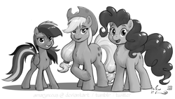 Size: 3200x1800 | Tagged: safe, artist:amarynceus, imported from derpibooru, applejack, pinkie pie, rainbow dash, chest fluff, grayscale, monochrome, simple background, underhoof, unshorn fetlocks