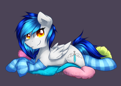 Size: 1024x724 | Tagged: safe, artist:agletka, imported from derpibooru, oc, oc only, oc:coldfire, pegasus, pony, clothes, fangs, gray background, simple background, socks, solo, striped socks