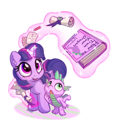 Size: 1100x1200 | Tagged: safe, artist:bobdude0, imported from derpibooru, spike, twilight sparkle, alicorn, dragon, pony, baby, baby dragon, book, cute, duo, fangs, female, folded wings, glowing horn, green eyes, looking up, magic, male, mare, open mouth, paper, pencil, scroll, signature, simple background, smiling, spikabetes, telekinesis, twiabetes, twilight sparkle (alicorn), white background, wings