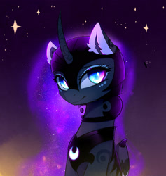 Size: 2330x2460 | Tagged: safe, artist:magnaluna, imported from derpibooru, princess luna, alicorn, pony, armor, beautiful, color porn, cute, female, galaxy mane, glowing mane, helmet, looking at you, lunabetes, mare, smiling, solo, stars