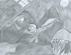 Size: 2187x1699 | Tagged: safe, artist:kerorolover16, imported from derpibooru, derpy hooves, doctor whooves, time turner, earth pony, pegasus, pony, doctor who, falling, female, grayscale, male, mare, monochrome, necktie, sketch, stallion, tardis, the doctor