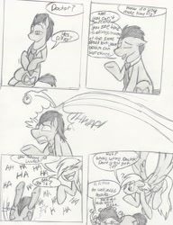 Size: 2480x3232 | Tagged: safe, artist:kerorolover16, imported from derpibooru, derpy hooves, doctor whooves, time turner, pegasus, pony, comic, female, grayscale, mare, monochrome, sketch