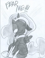 Size: 1700x2177 | Tagged: safe, artist:kerorolover16, imported from derpibooru, nightmare moon, cute, fear me, female, filly, grayscale, monochrome, moonabetes, nightmare woon, screaming, sketch, solo, traditional art