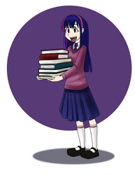 Size: 638x825 | Tagged: safe, artist:kprovido, imported from derpibooru, twilight sparkle, human, book, clothes, female, happy, humanized, kneesocks, light skin, looking at you, mary janes, necktie, open mouth, pleated skirt, simple background, skirt, smiling, socks, solo, sweater, that pony sure does love books, vest, white background