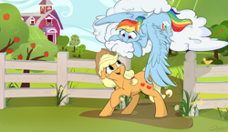 Size: 1024x595 | Tagged: safe, artist:rutkotka, imported from derpibooru, applejack, rainbow dash, bird, apple tree, appledash, barn, butt touch, cloud, commission, cute, dashabetes, dialogue, feathermarking, female, jackabetes, lesbian, looking at each other, never doubt tchernobog's involvement, shipping, smiling, sweet apple acres, tree