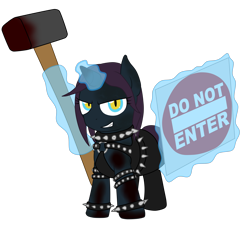 Size: 4500x4500 | Tagged: safe, artist:glacierfrostclaw, imported from derpibooru, oc, oc only, oc:misery raven, bat pony, hybrid, pony, unicorn, fallout equestria, absurd resolution, blood, female, filly, glowing horn, grin, hammer, magic, raider, sign, simple background, sledgehammer, slit eyes, slit pupils, smiling, solo, spiked wristband, telekinesis, transparent background, wristband