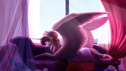 Size: 2560x1440 | Tagged: safe, artist:joellethenose, imported from derpibooru, princess flurry heart, alicorn, pony, couch, crown, drapes, female, frown, jewelry, large wings, looking at you, mare, older, prone, regalia, solo, story included, subsurface scattering, sunlight, window, wings