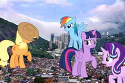 Size: 2400x1592 | Tagged: safe, artist:fabulouspony, artist:logan859, artist:luckreza8, artist:tardifice, artist:thatguy1945, imported from derpibooru, applejack, rainbow dash, starlight glimmer, twilight sparkle, alicorn, pony, brazil, city, cityscape, giant pony, highrise ponies, irl, macro, photo, ponies in real life, rio favela, twilight sparkle (alicorn)