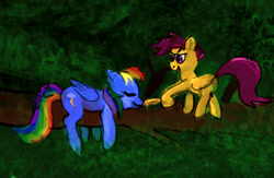 Size: 1000x650 | Tagged: safe, anonymous artist, imported from derpibooru, rainbow dash, scootaloo, tickling