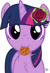 Size: 1900x2798 | Tagged: safe, artist:arifproject, imported from derpibooru, twilight sparkle, pony, :3, arif's scrunchy pone, chest fluff, cookie, cute, female, flower, flower in hair, food, looking at you, mare, nom, rose, simple background, solo, transparent background, twiabetes, vector