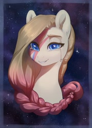 Size: 1543x2160 | Tagged: safe, artist:aphphphphp, imported from derpibooru, oc, oc only, pony, aladdin sane, bust, color porn, colored pupils, crying, david bowie, ear fluff, female, mare, portrait, smiling, solo, stars, ziggy stardust