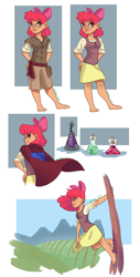 Size: 1024x2023 | Tagged: safe, artist:joan-grace, imported from derpibooru, apple bloom, human, apple bloom's bow, barefoot, bow, cape, clothes, cmc cape, cute, feet, female, hair bow, humanized, potion, skirt, solo, toes, tree