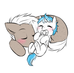 Size: 749x736 | Tagged: safe, artist:askbubblelee, imported from derpibooru, oc, oc only, oc:bubble lee, oc:singe, pegasus, pony, unicorn, baby, baby pony, chest fluff, cousins, cute, duo, foal, freckles, hnnng, ocbetes, pacifier, pony pillow, prone, simple background, sleeping, underhoof, white background, younger