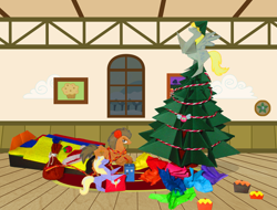 Size: 4751x3620 | Tagged: safe, artist:malte279, imported from derpibooru, derpy hooves, dinky hooves, doctor whooves, time turner, parasprite, pegasus, pony, absurd resolution, christmas, christmas tree, derpy star, doctor who, female, hearth's warming, mare, origami, tardis, tree