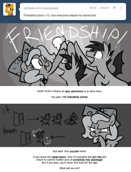 Size: 666x874 | Tagged: safe, artist:egophiliac, imported from derpibooru, nightmare moon, princess luna, oc, oc:frolicsome meadowlark, oc:pebbl, oc:sunshine smiles (egophiliac), bat pony, pony, moonstuck, cartographer's cap, dark woona, filly, friendship, grayscale, hat, hoofbump, monochrome, moon roc, nightmare woon, woona, younger