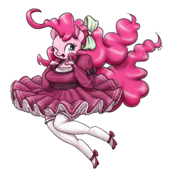 Size: 1280x1337 | Tagged: safe, artist:king-kakapo, imported from derpibooru, pinkie pie, anthro, arm hooves, bow, breasts, busty pinkie pie, clothes, cute, dress, female, hair bow, happy, one eye closed, open mouth, paraskirt, shoes, simple background, smiling, socks, solo, stockings, thigh highs, wink