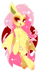 Size: 1056x1912 | Tagged: safe, artist:snow angel, imported from derpibooru, fluttershy, bat pony, pony, abstract background, belly button, bipedal, colored pupils, cute little fangs, fangs, female, flutterbat, looking at you, open mouth, race swap, red eyes, simple background, smiling, solo, spread wings, transparent background