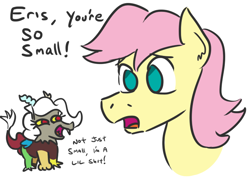 Size: 674x481 | Tagged: safe, artist:jargon scott, imported from derpibooru, discord, fluttershy, butterscotch, eris, micro, pun, rule 63, size difference, u lil shid, vulgar