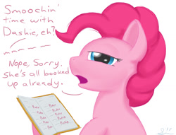 Size: 1306x1000 | Tagged: safe, artist:stillwaterspony, imported from derpibooru, pinkie pie, earth pony, pony, book, female, implied lesbian, implied pinkiedash, implied rainbow dash, implied shipping, looking at you, notebook, simple background, solo, squint, talking to viewer, white background