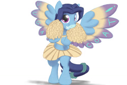Size: 1500x1000 | Tagged: safe, artist:stillwaterspony, imported from derpibooru, oc, oc only, oc:still waters, pegasus, pony, cheerleader outfit, clothes, crossdressing, cute, dyed feathers, grin, male, midriff, pleated skirt, pom pom, simple background, skirt, skirt lift, smiling, solo, stallion, standing, white background