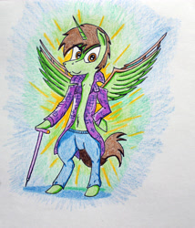 Size: 2780x3252 | Tagged: safe, artist:bumskuchen, imported from derpibooru, oc, oc only, oc:frost d. tart, alicorn, pony, alicorn oc, bipedal, clothes, request, simple background, solo, suicide squad, the joker, traditional art, transparent background