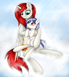 Size: 1600x1800 | Tagged: safe, imported from derpibooru, oc, oc only, oc:cori, oc:safey, alicorn, pony, alicorn oc, cloud, colt, cuddling, cute, female, looking at each other, male, mare, mother and son, snuggling, triquetra