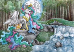 Size: 3421x2398 | Tagged: safe, artist:lunar-white-wolf, imported from derpibooru, princess celestia, female, mare in the moon, moon, river, scenery, sitting, solo, waterfall