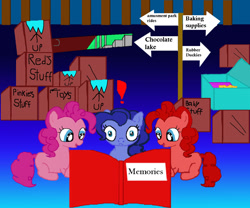 Size: 1200x1000 | Tagged: source needed, useless source url, safe, artist:tabtoons, imported from derpibooru, oc, oc only, oc:blueberry pie, oc:cherry pie, oc:raspberry pie, book, box, cute, exclamation point, looking at you, offspring, parent:cheese sandwich, parent:pinkie pie, parents:cheesepie, sign, tri pie triplets, triplets