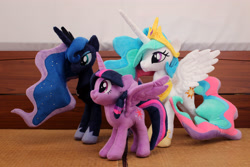 Size: 4464x2988 | Tagged: safe, artist:nekokevin, imported from derpibooru, princess celestia, princess luna, twilight sparkle, alicorn, pony, absurd resolution, irl, photo, plushie, royal sisters, trio, twilight sparkle (alicorn)