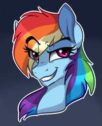 Size: 409x509 | Tagged: safe, artist:saphi-boo, imported from derpibooru, rainbow dash, bust, female, lidded eyes, portrait, raised eyebrow, simple background, smiling, smirk, solo