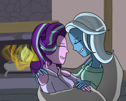 Size: 1000x800 | Tagged: safe, artist:doodledonut, imported from derpibooru, starlight glimmer, trixie, equestria girls, blanket, duo, equestria girls-ified, eyes closed, female, fireplace, hug, indoors, inside, lesbian, shipping, smiling, startrix