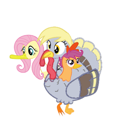 Size: 1723x1759 | Tagged: source needed, useless source url, safe, artist:theunknowenone1, imported from derpibooru, derpy hooves, fluttershy, scootaloo, chicken, duck, pegasus, pony, turkey, abuse, female, flutterbuse, flutterduck, fusion, ghidorah, king ghidorah, mare, meme, multiple heads, scootabuse, scootachicken, scootaloo is not amused, three heads, turducken, unamused, we have become one, what abuse?