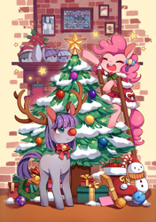 Size: 850x1205 | Tagged: safe, artist:huaineko, imported from derpibooru, limestone pie, marble pie, maud pie, pinkie pie, antlers, christmas, christmas tree, chubbie, clothes, cute, decoration, diapinkes, maudabetes, missing cutie mark, pixiv, red nose, reindeer antlers, scarf, smiling, snowman, tree, when she smiles