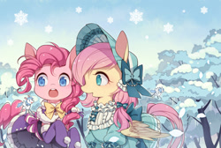 Size: 850x570 | Tagged: safe, artist:huaineko, imported from derpibooru, fluttershy, pinkie pie, oc, bundled up for winter, clothes, colored, dress, frilly dress, hat, pixiv, snow, winter, winter outfit