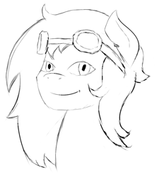 Size: 630x700 | Tagged: safe, artist:knightsmile, imported from derpibooru, oc, oc only, oc:puffy, bust, goggles, grayscale, monochrome, portrait, simple background, smiling, solo, white background