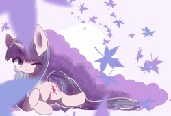 Size: 1748x1181 | Tagged: safe, artist:alus, imported from derpibooru, twilight sparkle, pony, unicorn, abstract background, female, leaves, lying down, mare, one eye closed, pixiv, solo